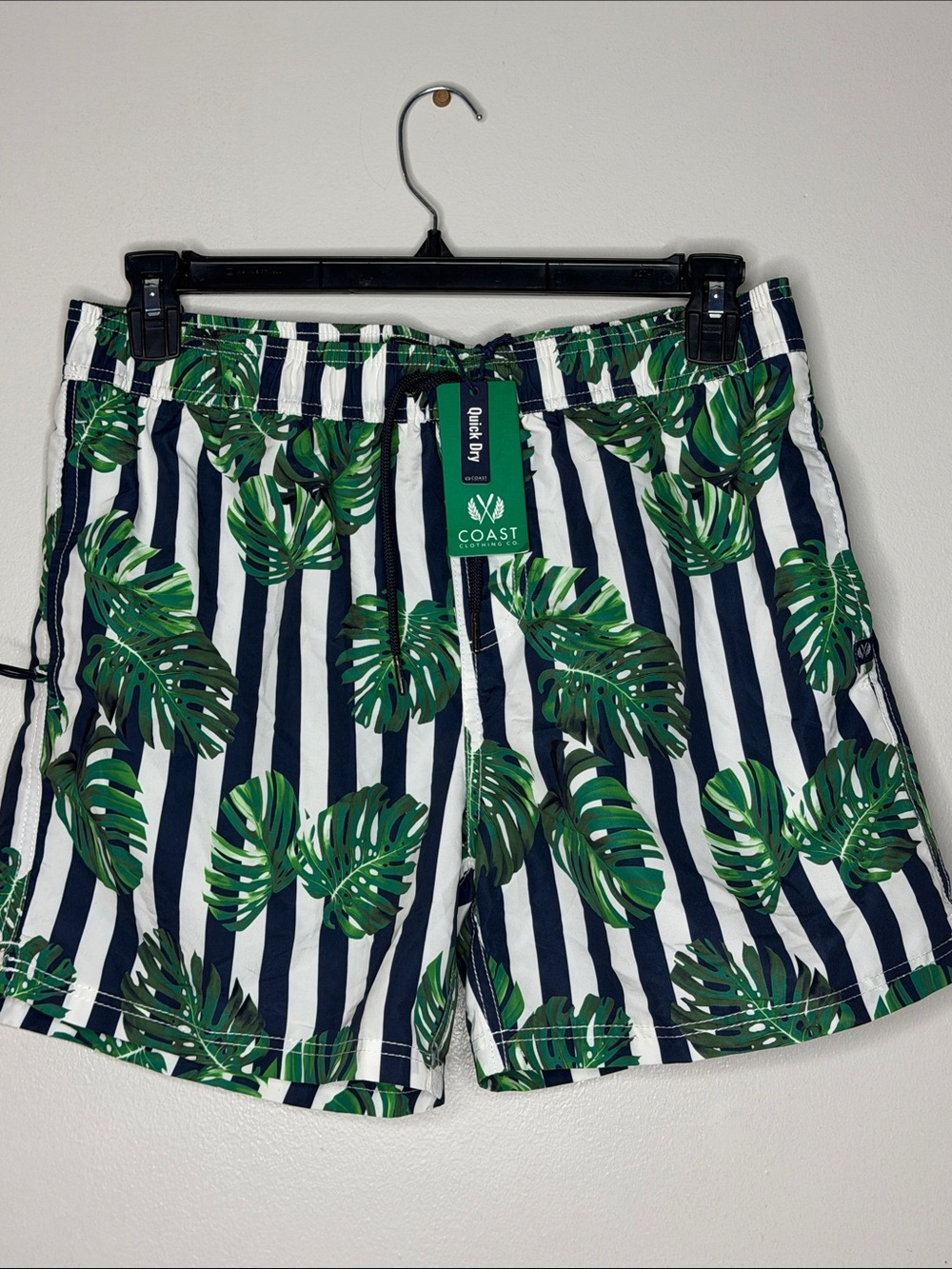 Coast Men’s Navy & White Stripe Swim Hybrids with Green Leaf Print